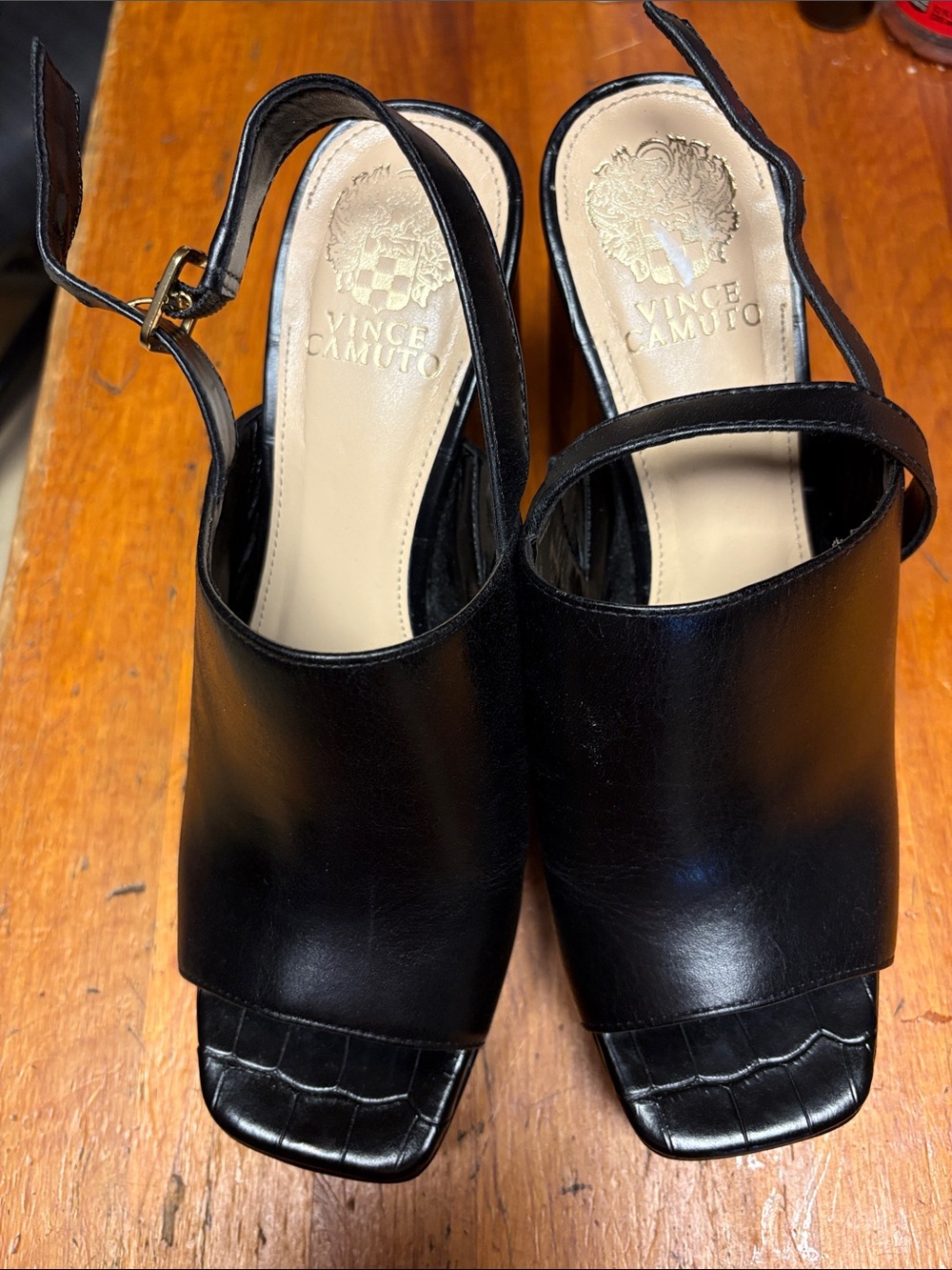 Vince Camuto Black Leather Slingback Block Heels with Croc-Textured Toe